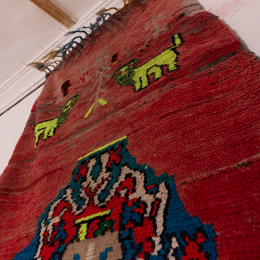 Vintage Moroccan Corridor Runner Rug - Handwoven Wool Carpet - Whimsical Geometric Design with Green Dogs