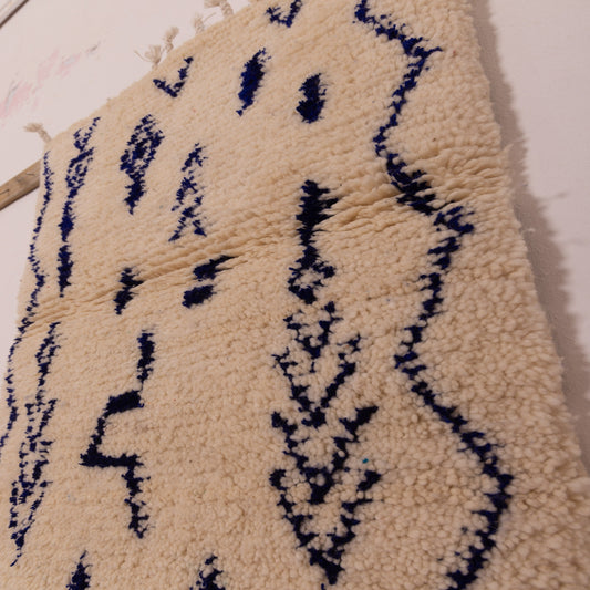 New Handmade Azilal Wool Rug - Geometric Blue Diamonds & Arrows - Moroccan Modern Decor