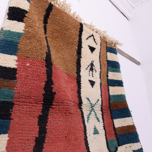 Tribal Symbol Boujad Rug – New Moroccan Wool Rug – Earthy Abstract Wall Hanging – Mustard, Ivory, and Terracotta Handmade Berber Art