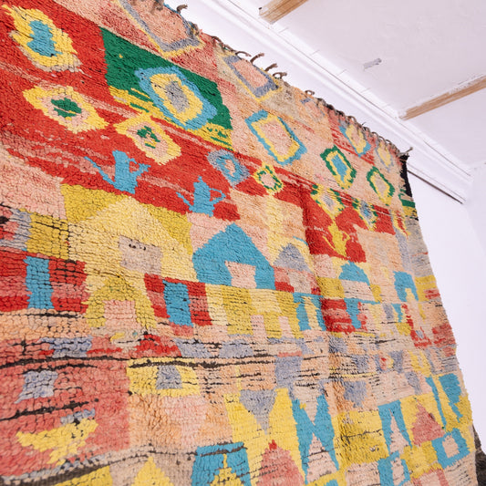 Vintage Moroccan Bjaad Rug – Handwoven Berber Wool Rug with Geometric & Village Motifs – Bohemian Colorful Statement Piece