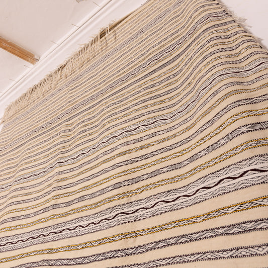 Handwoven Moroccan Handira Kilim - Vintage Berber Wool Blanket - Neutral Striped Boho Rug