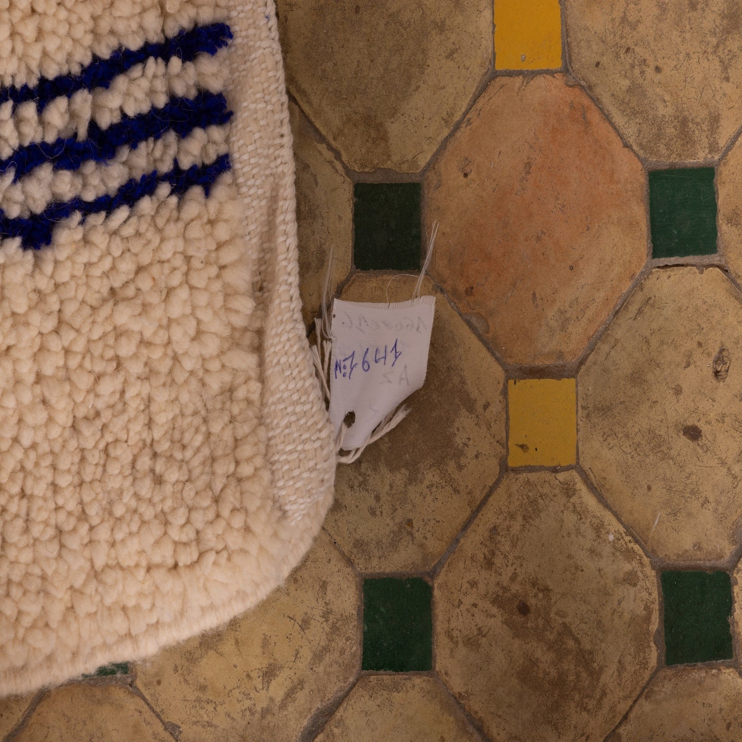 New Handmade Azilal Wool Rug - Blue Geometric Design on Cream - Modern Moroccan Tribal Decor