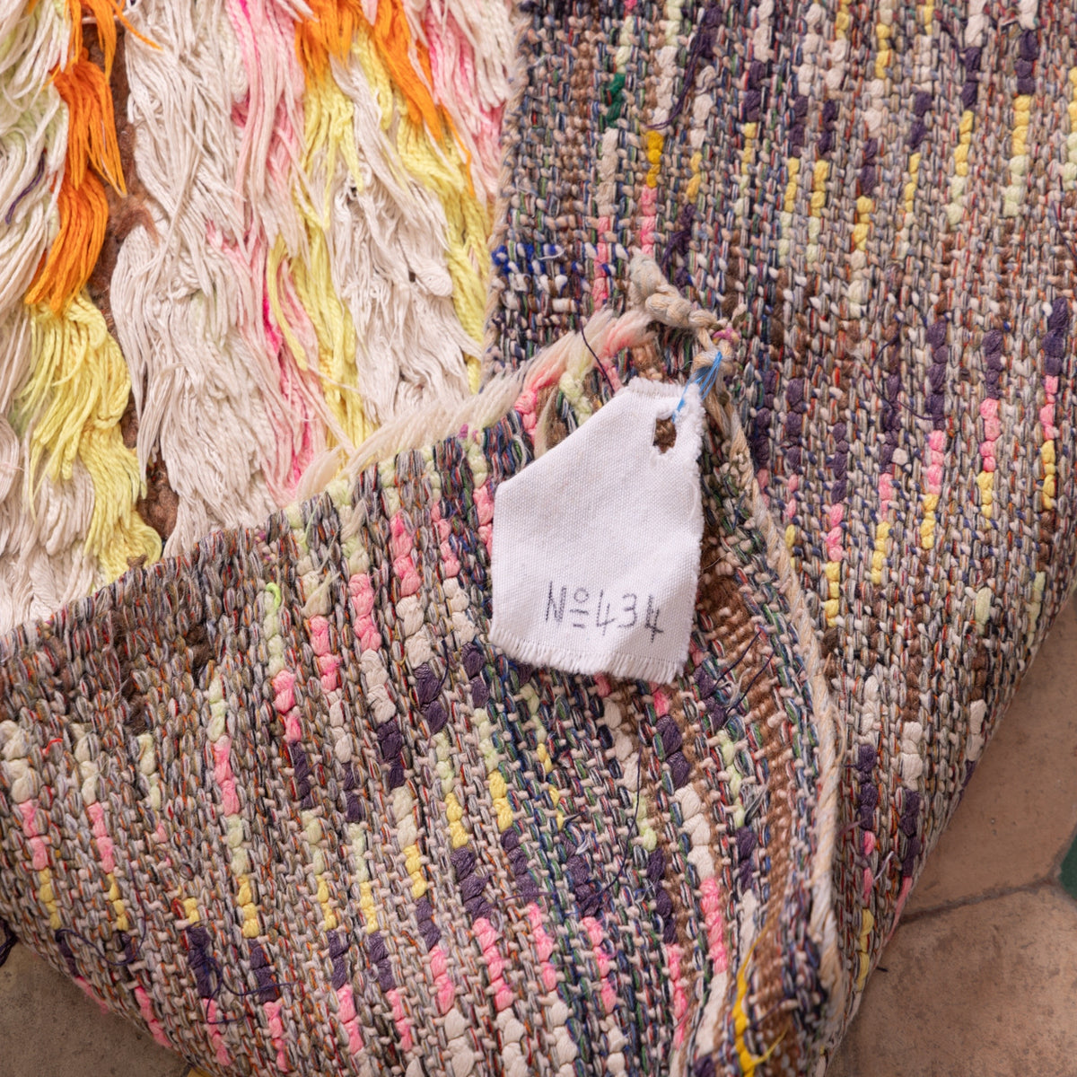 Vintage Moroccan Boucherouite Rug – Handwoven Berber Carpet with Vibrant Orange & Purple Geometric Design