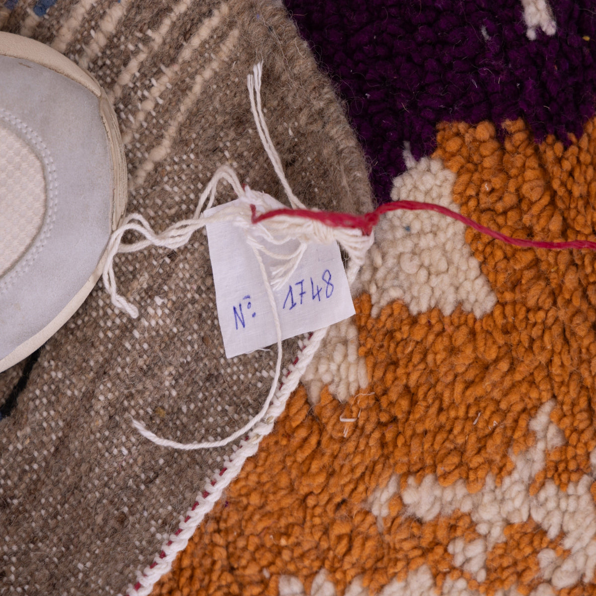 Symbolic Boujad Rug – New Moroccan Wool Rug – Amazigh Tribal Motifs in Ochre, Navy & Purple – Handwoven Berber Wall Hanging