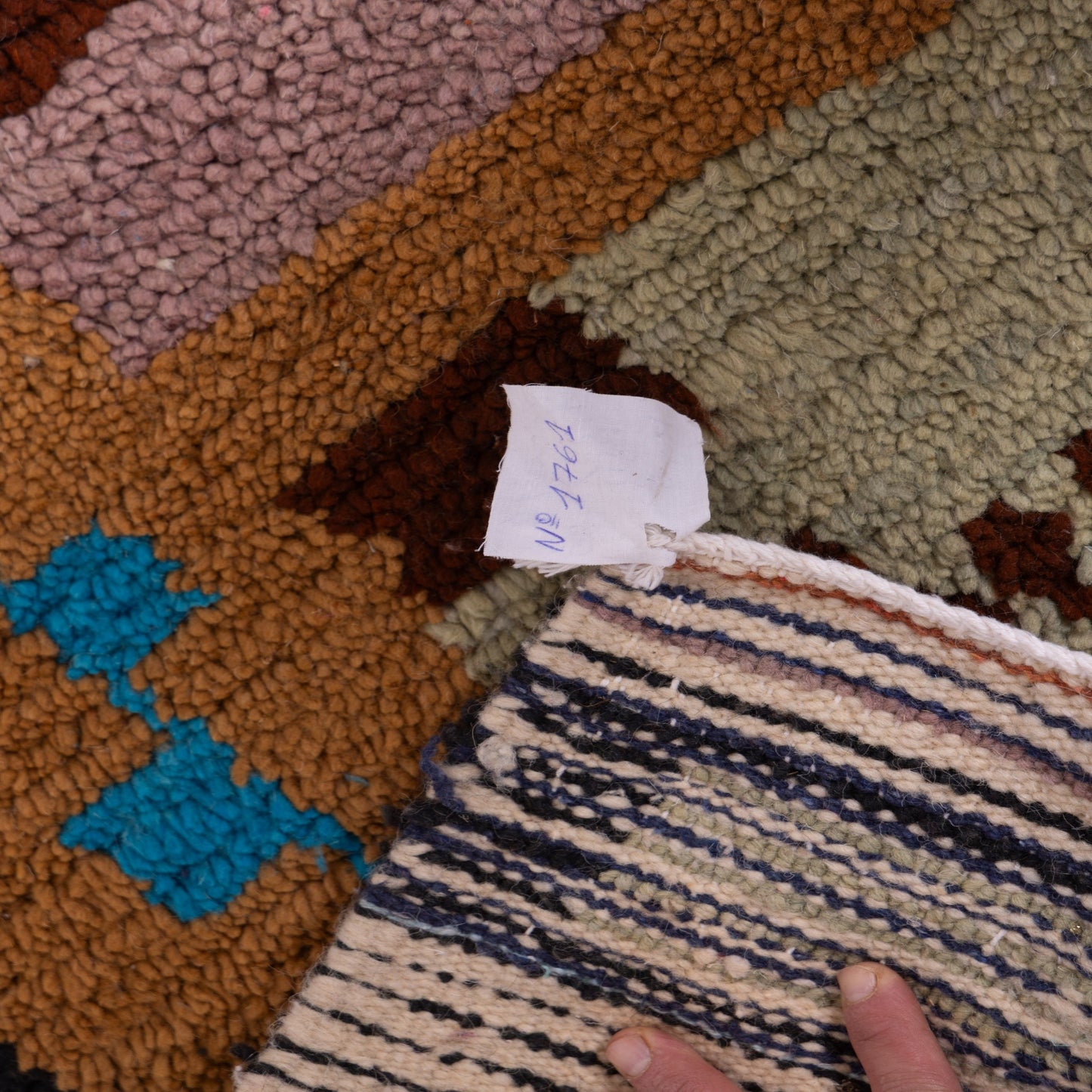 Geometric Village Boujad Rug – New Moroccan Wool Rug – Earth Tones & Sky Blue Abstract Design – Berber Handwoven Wall Hanging