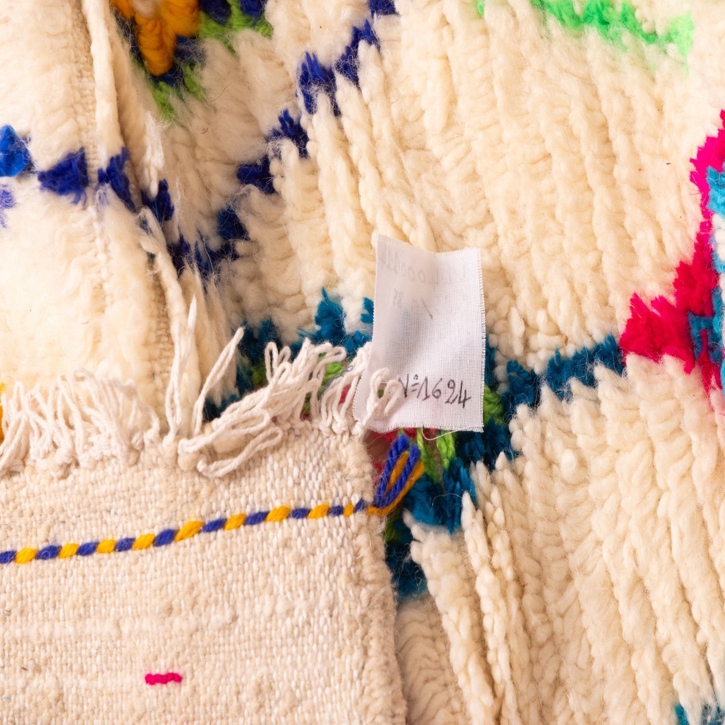 Moroccan Wool Runner Rug - Geometric Diamond Pattern - Handwoven - Colorful Pink, Green, and Yellow