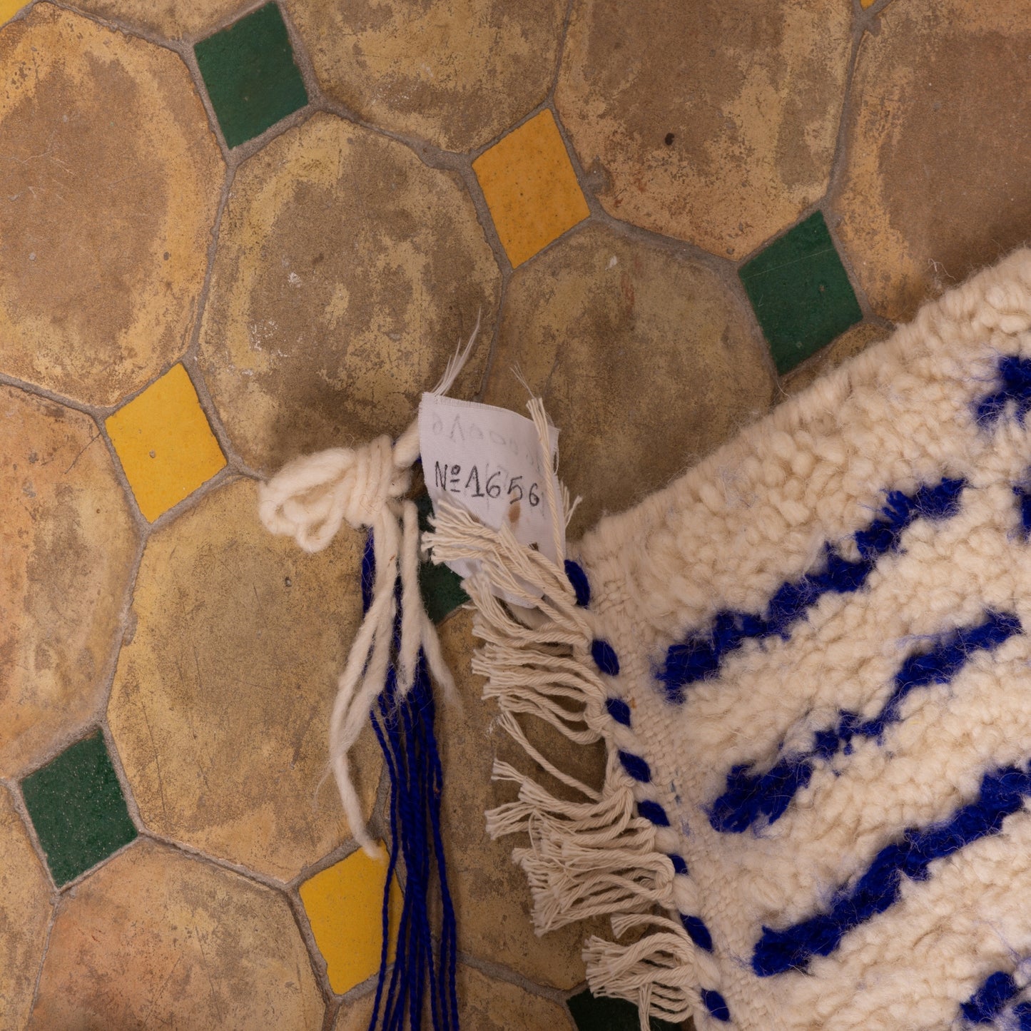 New Handmade Azilal Rug - Abstract Blue Berber Symbols on Cream - Modern Moroccan Tribal Decor for Wall or Floor