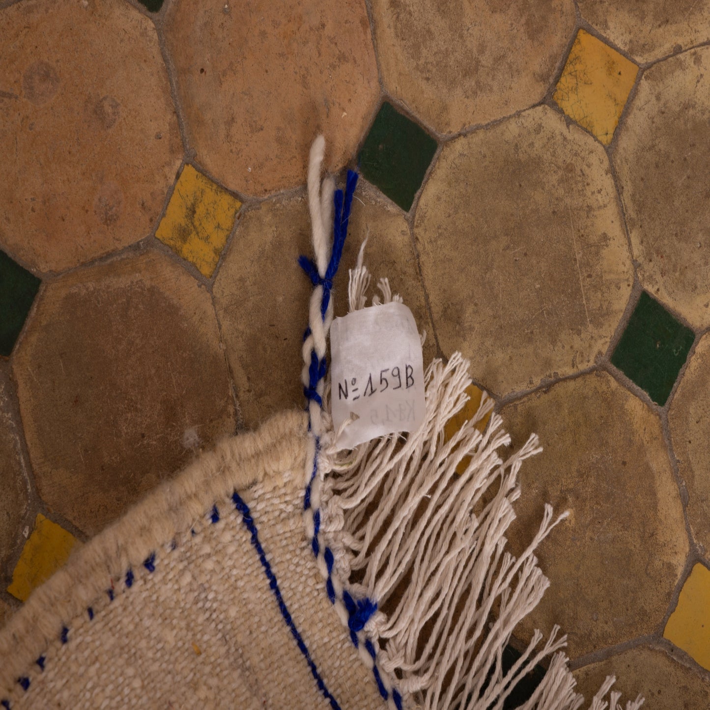 New Handmade Azilal Wool Rug - Blue Diamond Shapes on Neutral Cream - Moroccan Tribal Art for Floor or Wall
