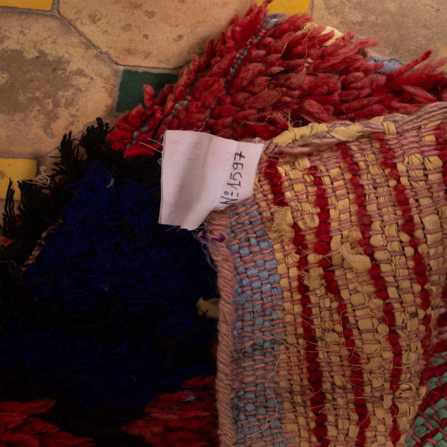 Handwoven Moroccan Wool Runner Rug - Abstract Geometric Design - Red, Blue & Black - 80% Wool 20% Cotton - Vintage