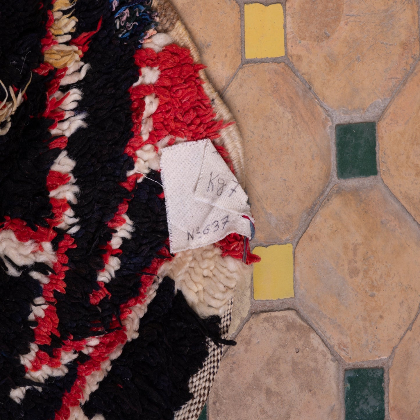 Night Weave” – Vintage Moroccan Rug with Red Lattice on Black Wool
