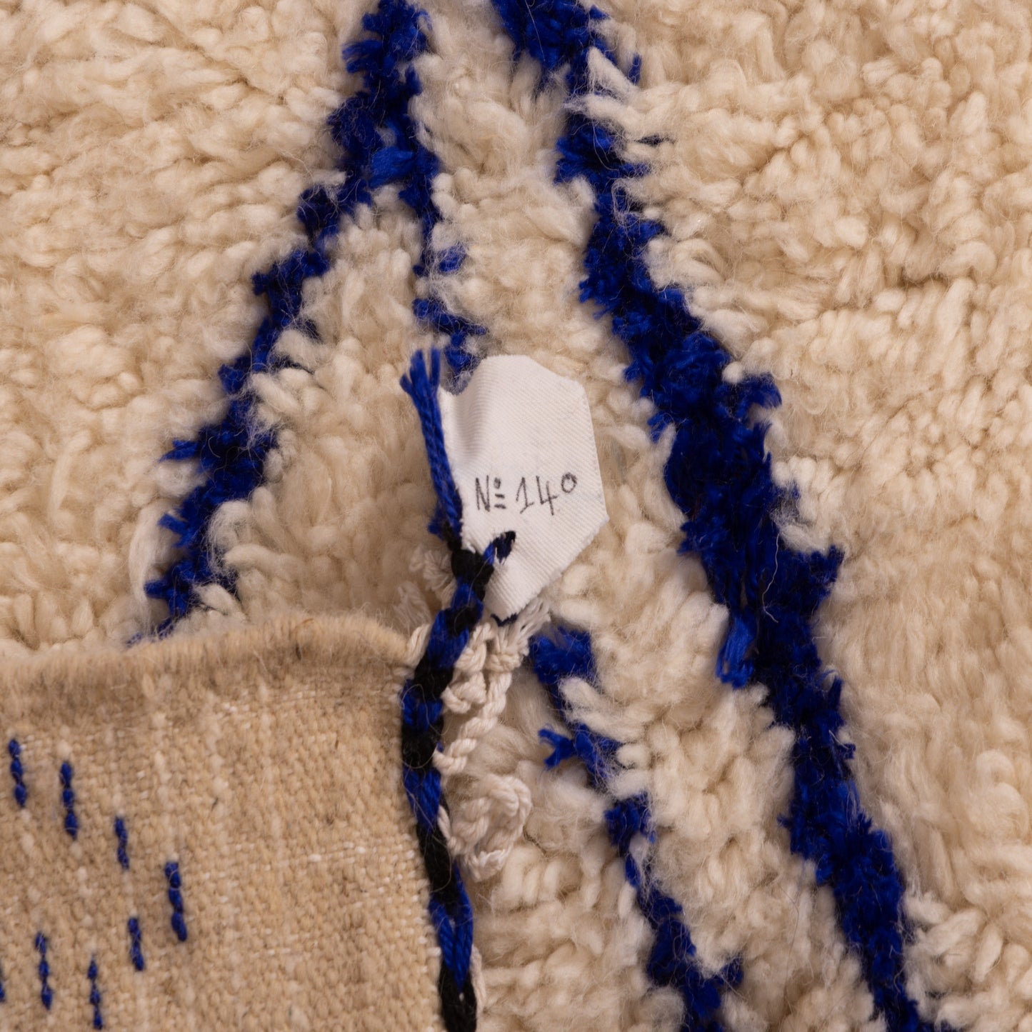 Abstract Moroccan Berber Wool Rug - Modern Indigo Blue Line Art on Cream Wool - Handwoven Azilal Style Decor