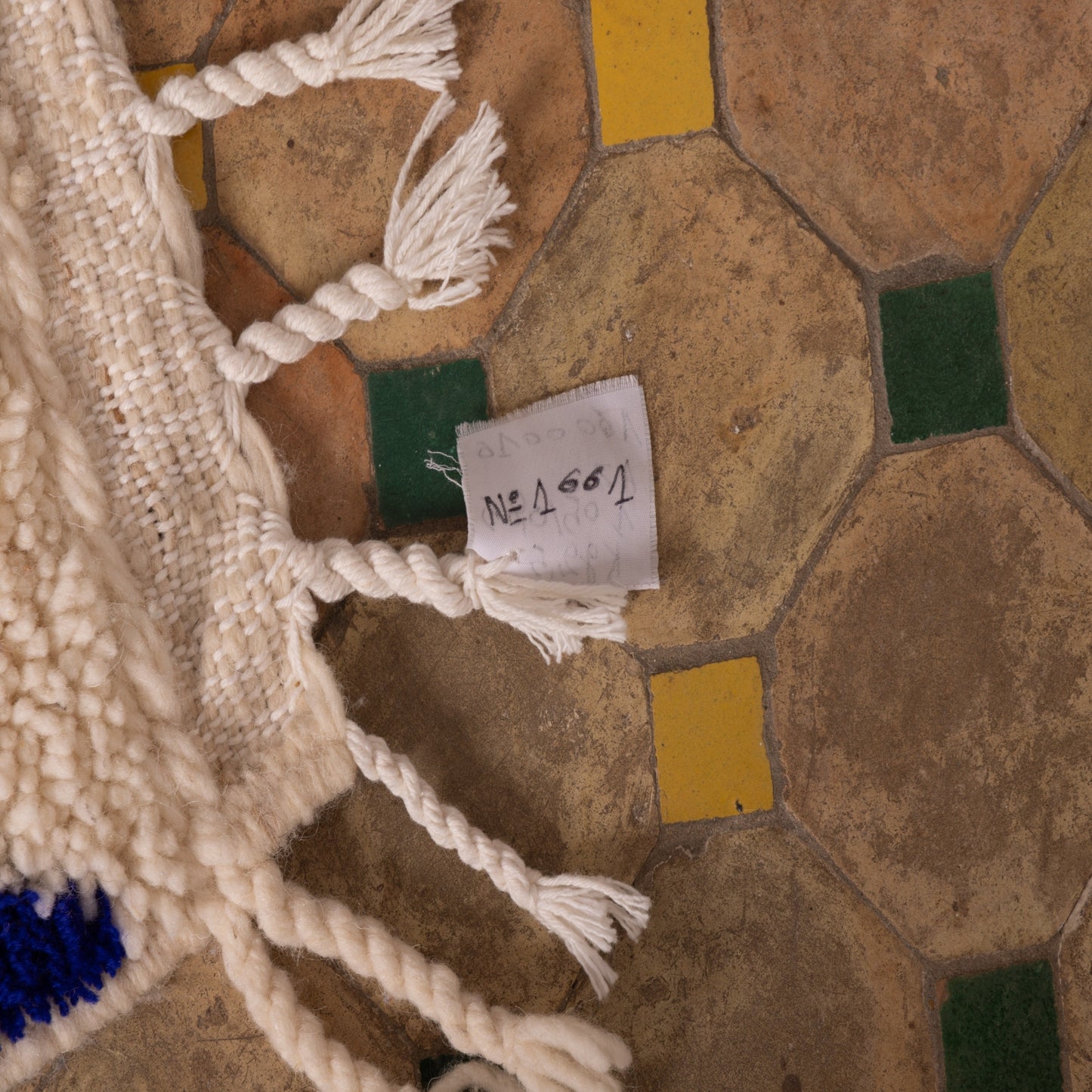 New Handmade Azilal Wool Rug - Blue Diamond Tribal Design on Cream - Moroccan Wall or Floor Decor
