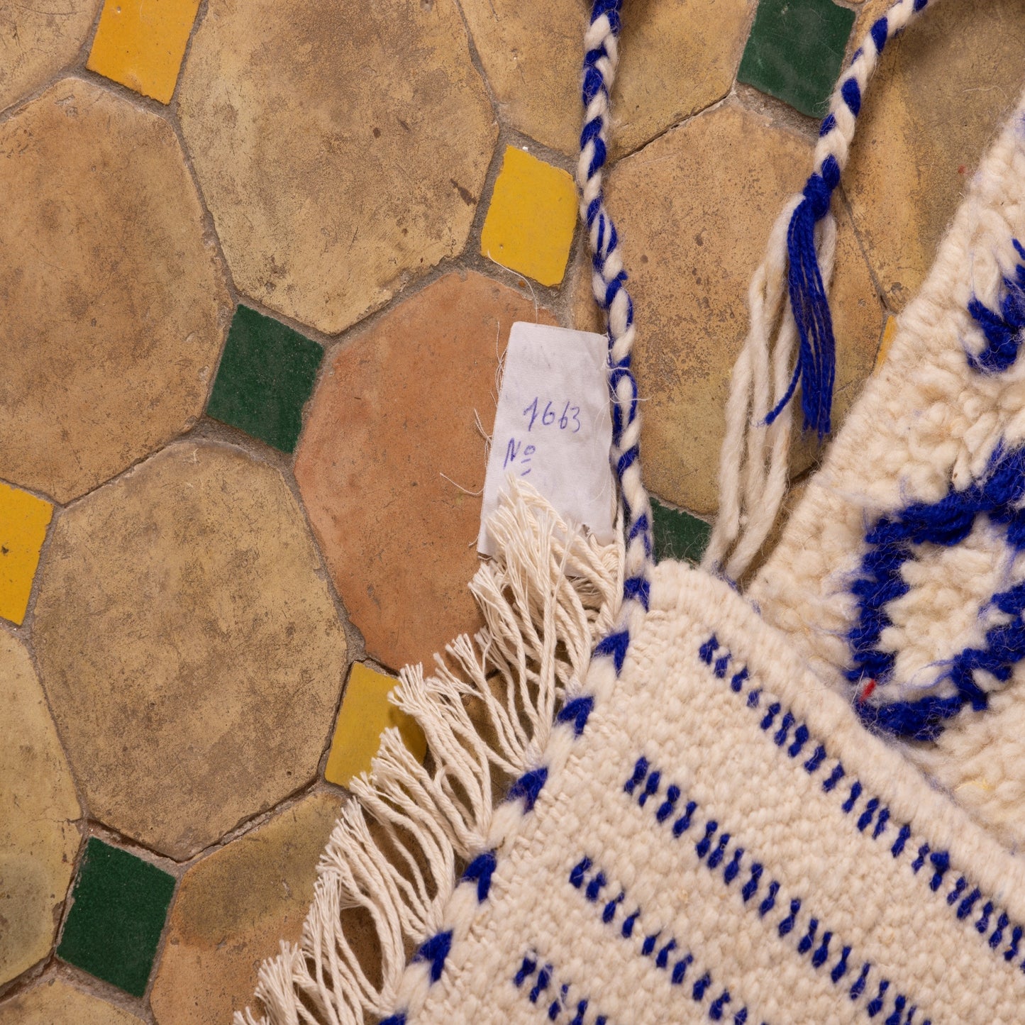 New Handmade Azilal Rug - Abstract Blue Berber Symbols on Cream - Modern Moroccan Tribal Wall Hanging or Floor Piece