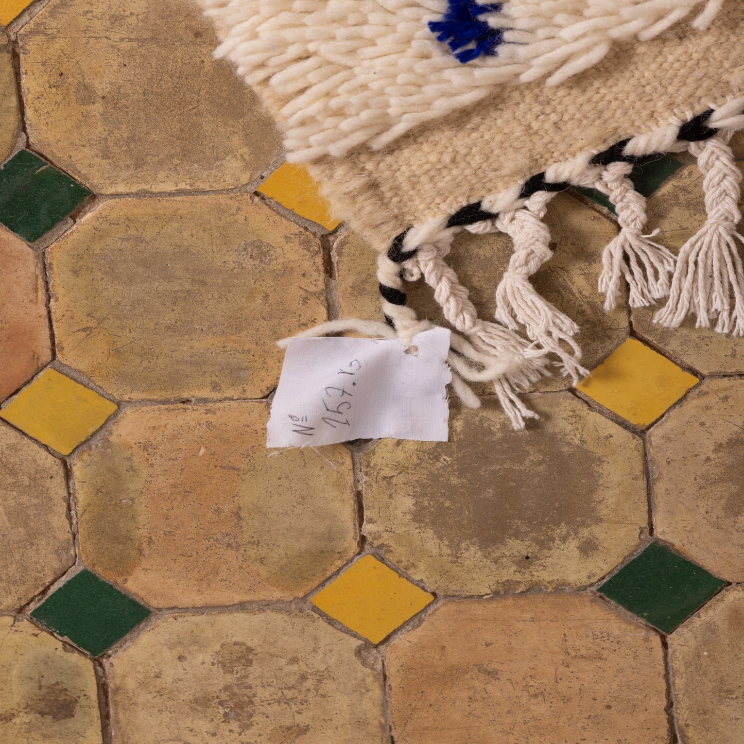 New Handmade Azilal Wool Rug - Abstract Blue Design on Cream - Moroccan Floor or Wall Decor