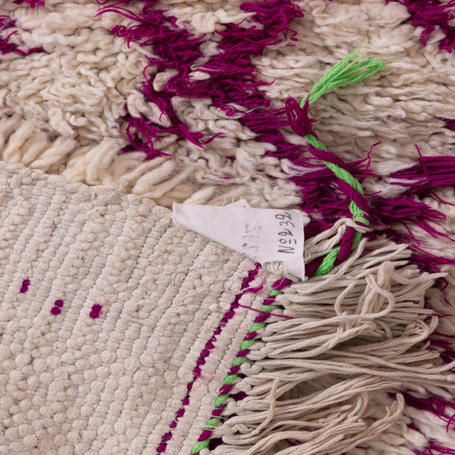 Vintage Moroccan Azilal Rug - Shaggy Cream Wool Runner with Fuchsia Diamond Pattern