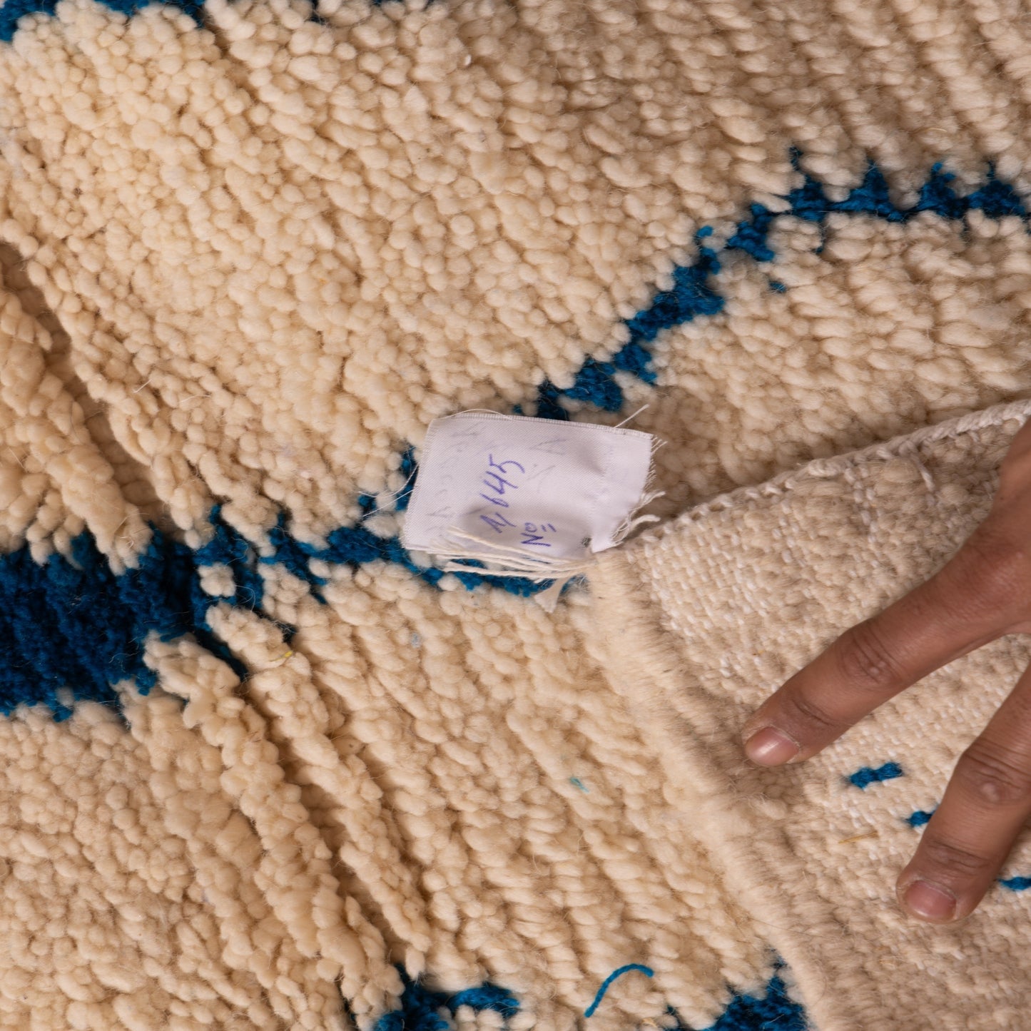 New Handmade Azilal Wool Rug - Blue Diamond Pattern on Cream - Modern Moroccan Tribal Decor