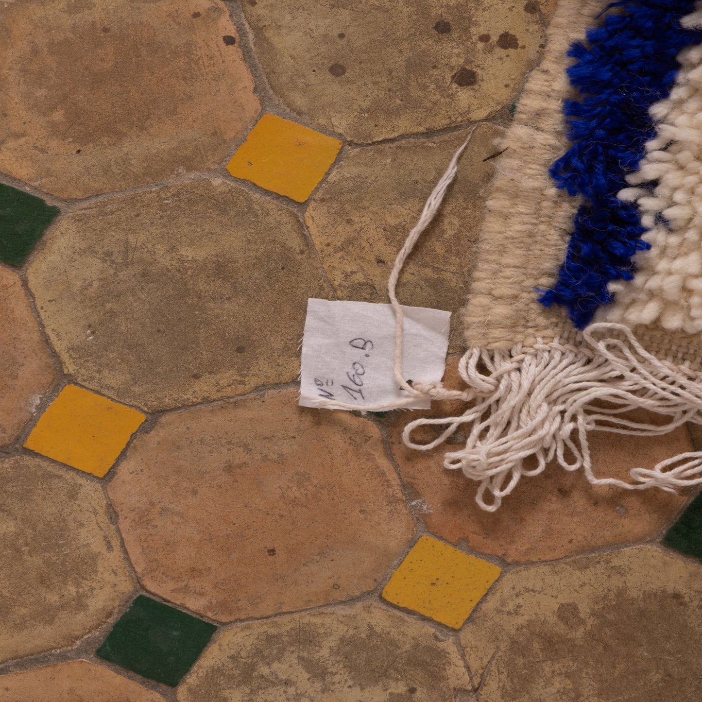 New Handmade Azilal Wool Rug - Abstract Blue Tribal Design on Cream - Moroccan Wall or Floor Decor