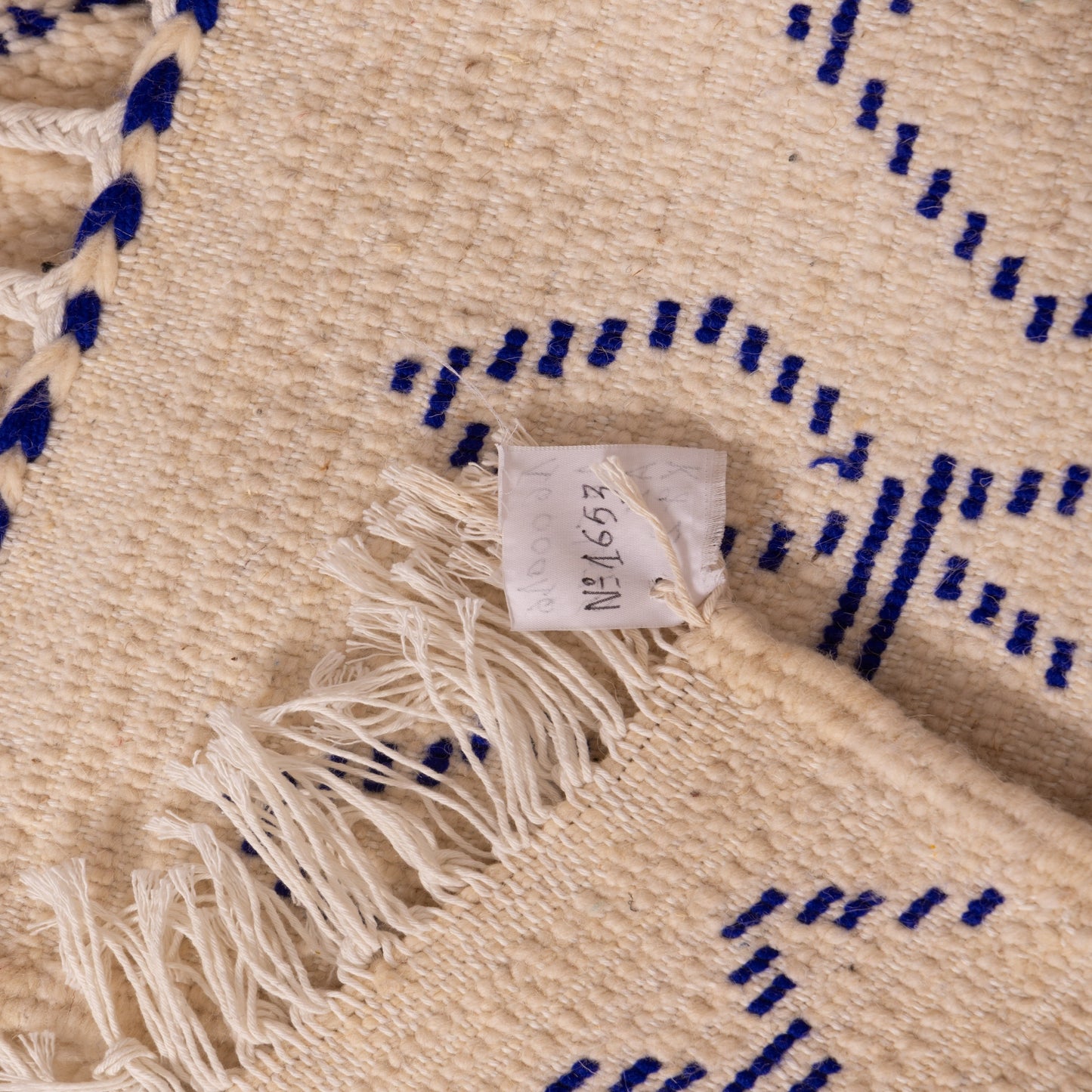 New Handmade Azilal Wool Rug - Abstract Blue Moroccan Symbols on Cream - Modern Tribal Wall or Floor Decor