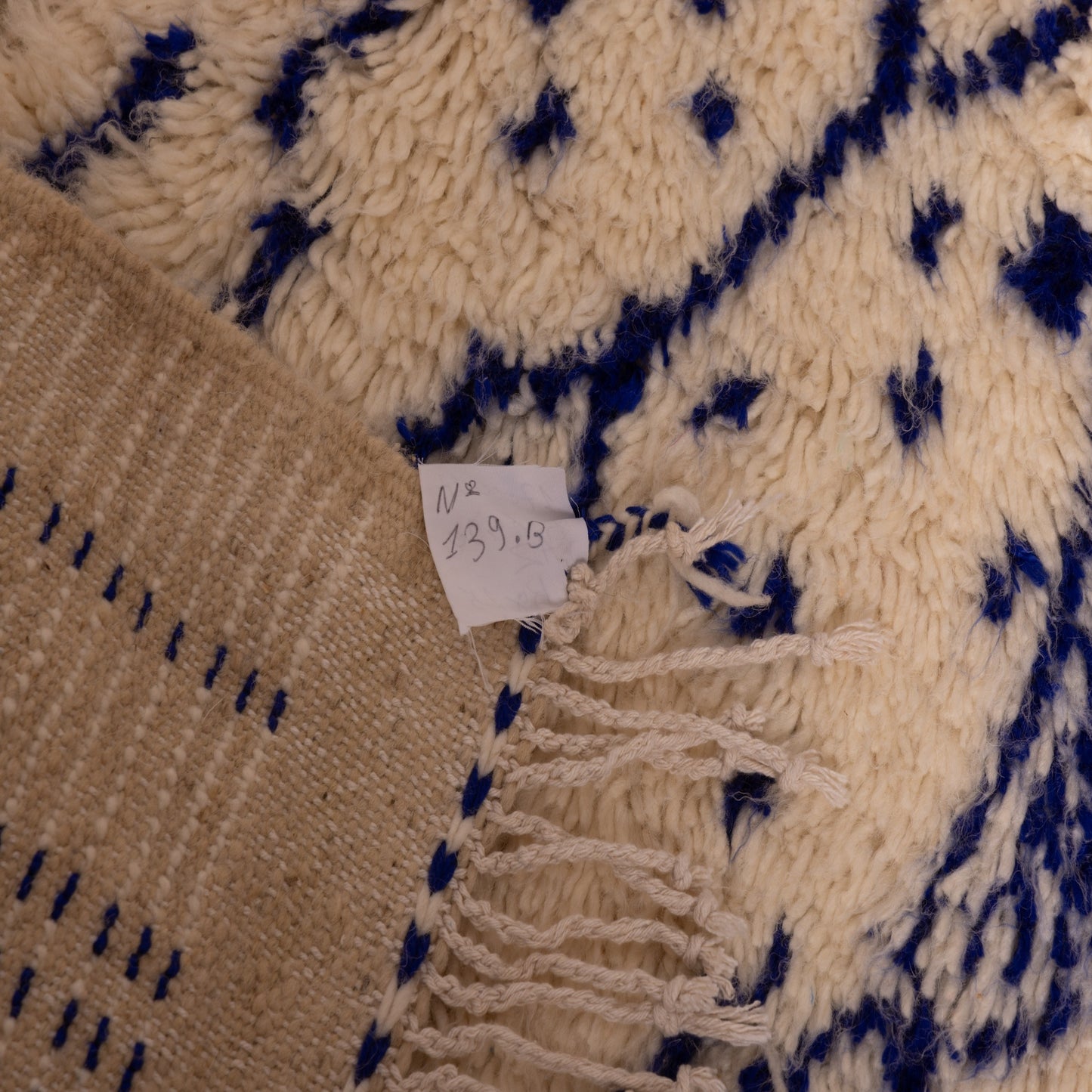 Modern Blue & Cream Azilal Rug - Geometric Tribal Art - Moroccan Handmade Wool & Cotton - Small Berber Wall or Floor Rug