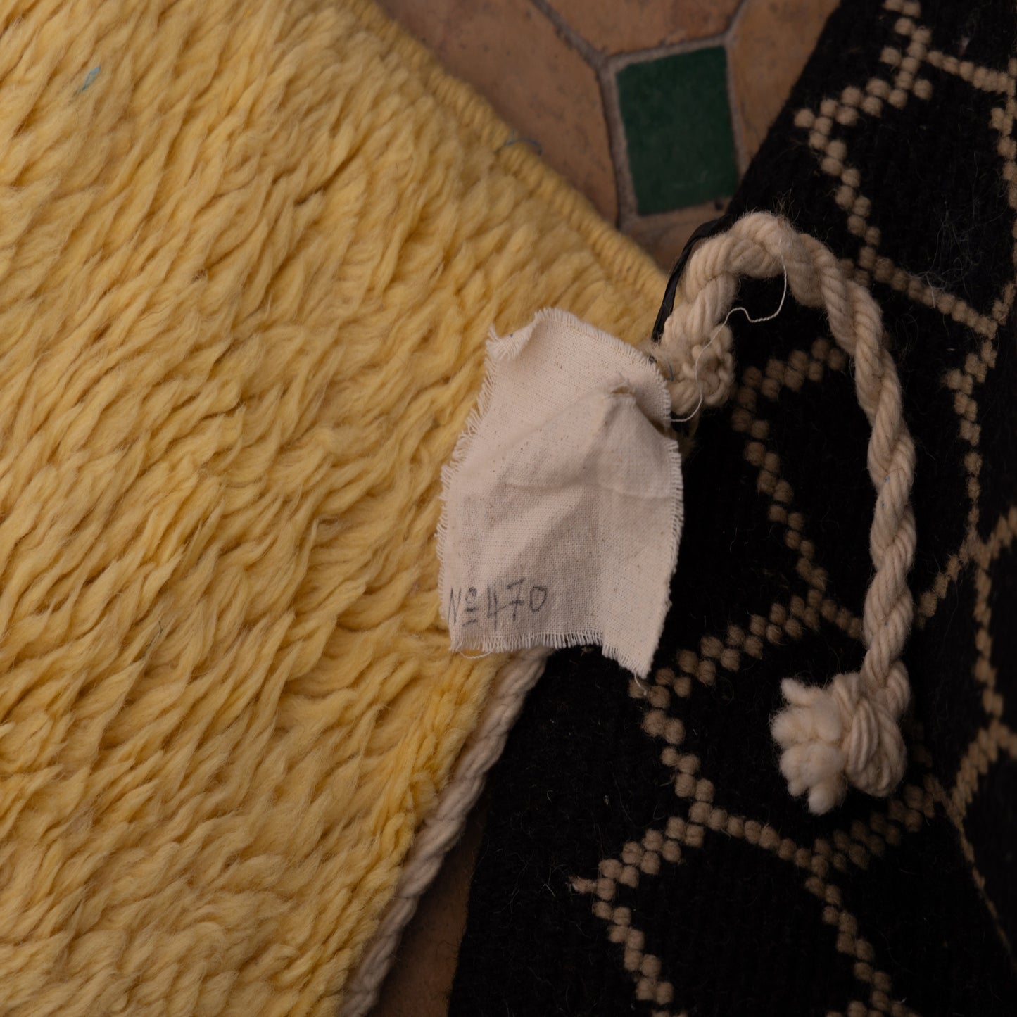 Handwoven Moroccan Mrirt Rug – Yellow & Black Artistic Berber Carpet with Abstract Figure Design