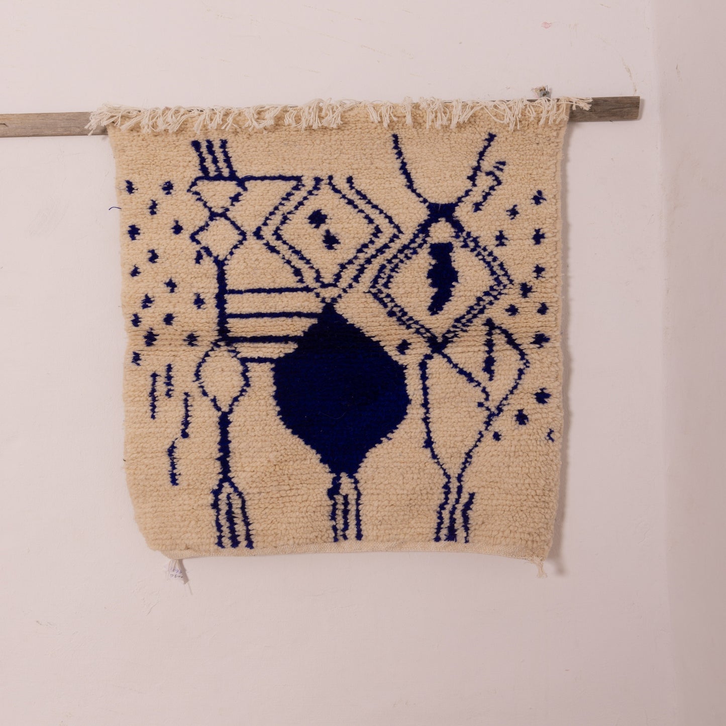 New Handmade Azilal Wool Rug - Blue Geometric Design on Cream - Modern Moroccan Tribal Decor