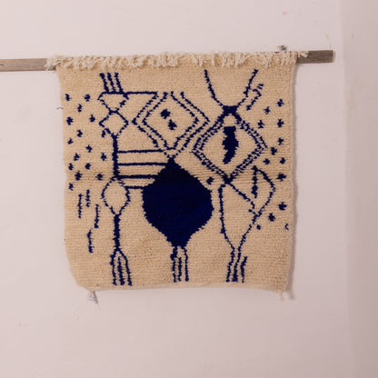 New Handmade Azilal Wool Rug - Blue Geometric Design on Cream - Modern Moroccan Tribal Decor