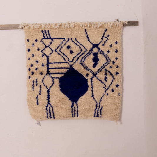 New Handmade Azilal Wool Rug - Blue Geometric Design on Cream - Modern Moroccan Tribal Decor