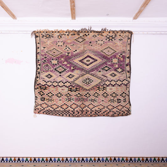 Vintage Moroccan Bjaad Rug – Handwoven Wool Rug with Geometric Berber Symbols in Muted Purple & Beige Tones