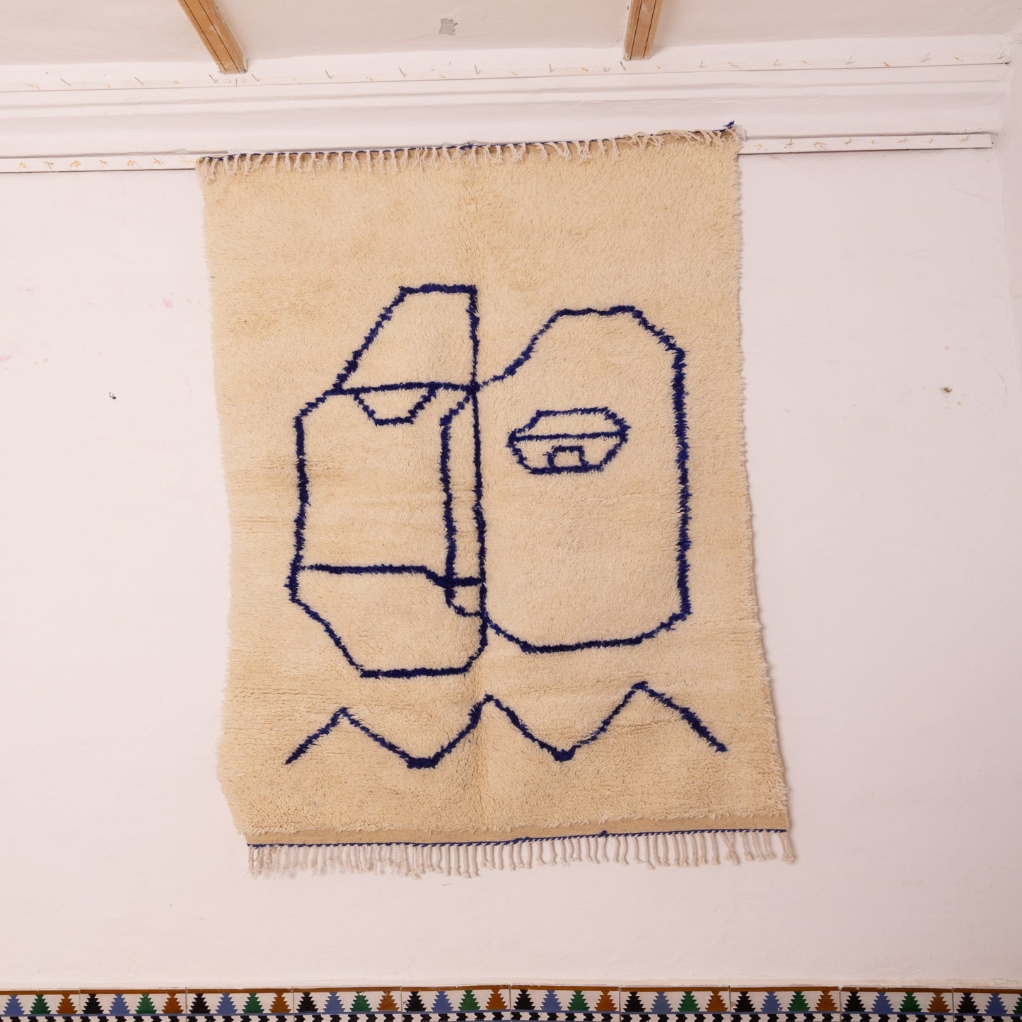Abstract Minimalist Moroccan Rug - Handwoven Wool Azilal Carpet - Modern Tribal Wall Art - Cream & Indigo Berber Design