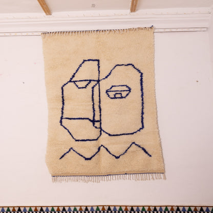 Abstract Minimalist Moroccan Rug - Handwoven Wool Azilal Carpet - Modern Tribal Wall Art - Cream & Indigo Berber Design