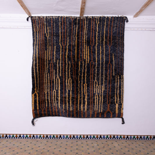 Handmade Mrirt Rug – 100% Wool Moroccan Berber Carpet – Black & Earthy Tones Abstract Wool Rug – Luxury Modern & Boho Home Decor