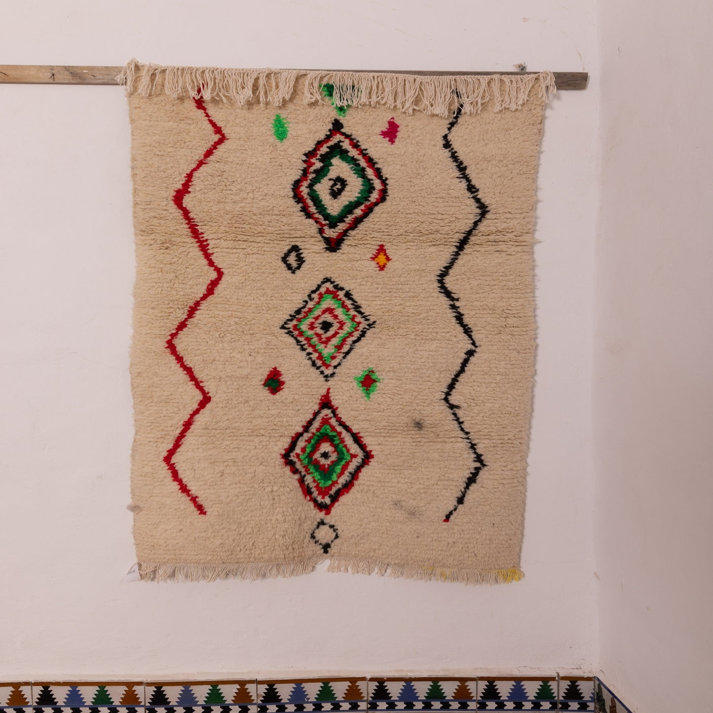 Colorful Azilal Rug - Handmade Small Moroccan Rug with Diamond Motifs - Berber Wool & Cotton Floor or Wall Accent