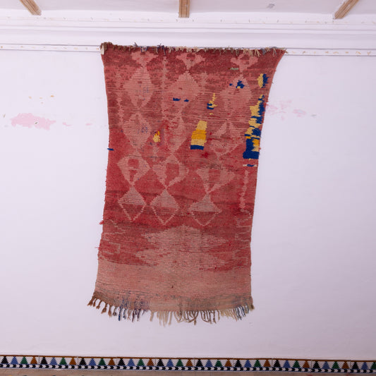 Vintage Boujad Rug – Moroccan Berber Handmade Wool Carpet, Faded Red & Earthy Tones, Unique Tribal Patterns, Bohemian Boho Chic Decor