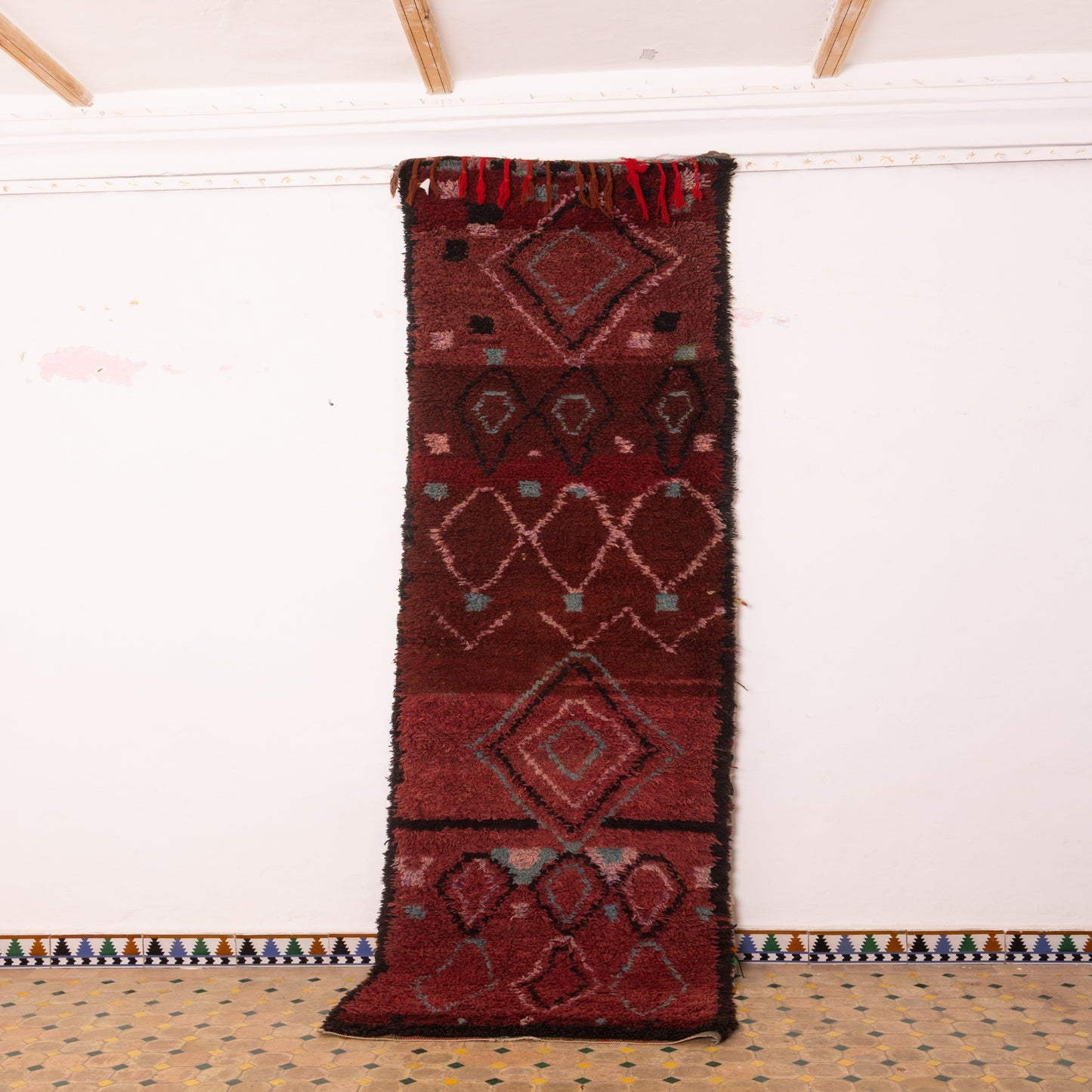 Handwoven Moroccan Corridor Rug - 80% Wool, 20% Cotton - Rich Red & Earthy Geometric Berber Design