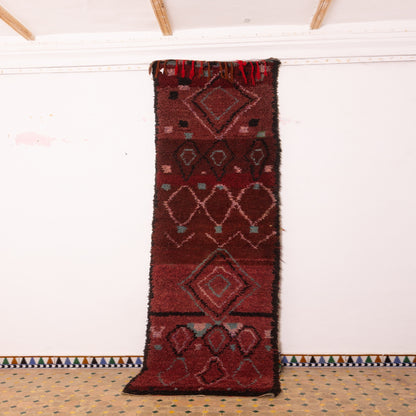 Handwoven Moroccan Corridor Rug - 80% Wool, 20% Cotton - Rich Red & Earthy Geometric Berber Design