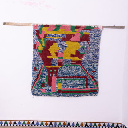 Bold Abstract Boujad Rug – New Moroccan Wool Rug – Pink, Yellow, Blue & Green Modern Art Design – Handmade Berber Textile Wall Hanging