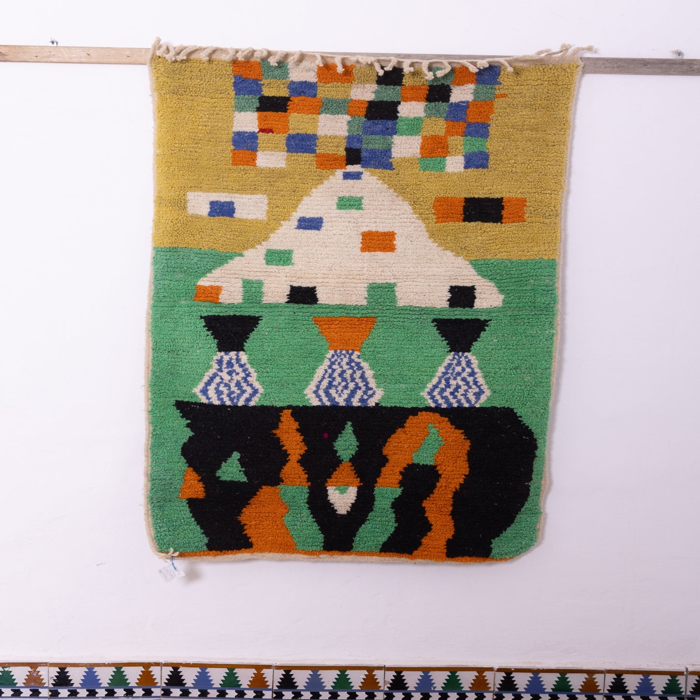 Storyteller Boujad Rug – New Moroccan Wool Rug – Abstract Landscape in Yellow, Green & Blue – Handmade Berber Art Wall Hanging