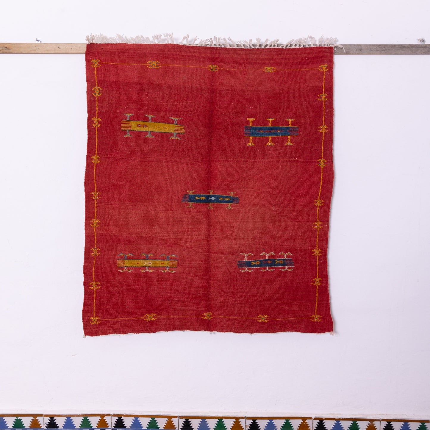 Handwoven Moroccan Akhnif Rug – Bold Red Berber Wool & Cotton Carpet with Symbolic Motifs