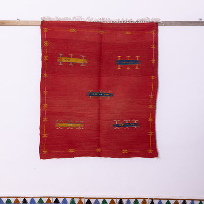 Handwoven Moroccan Akhnif Rug – Bold Red Berber Wool & Cotton Carpet with Symbolic Motifs