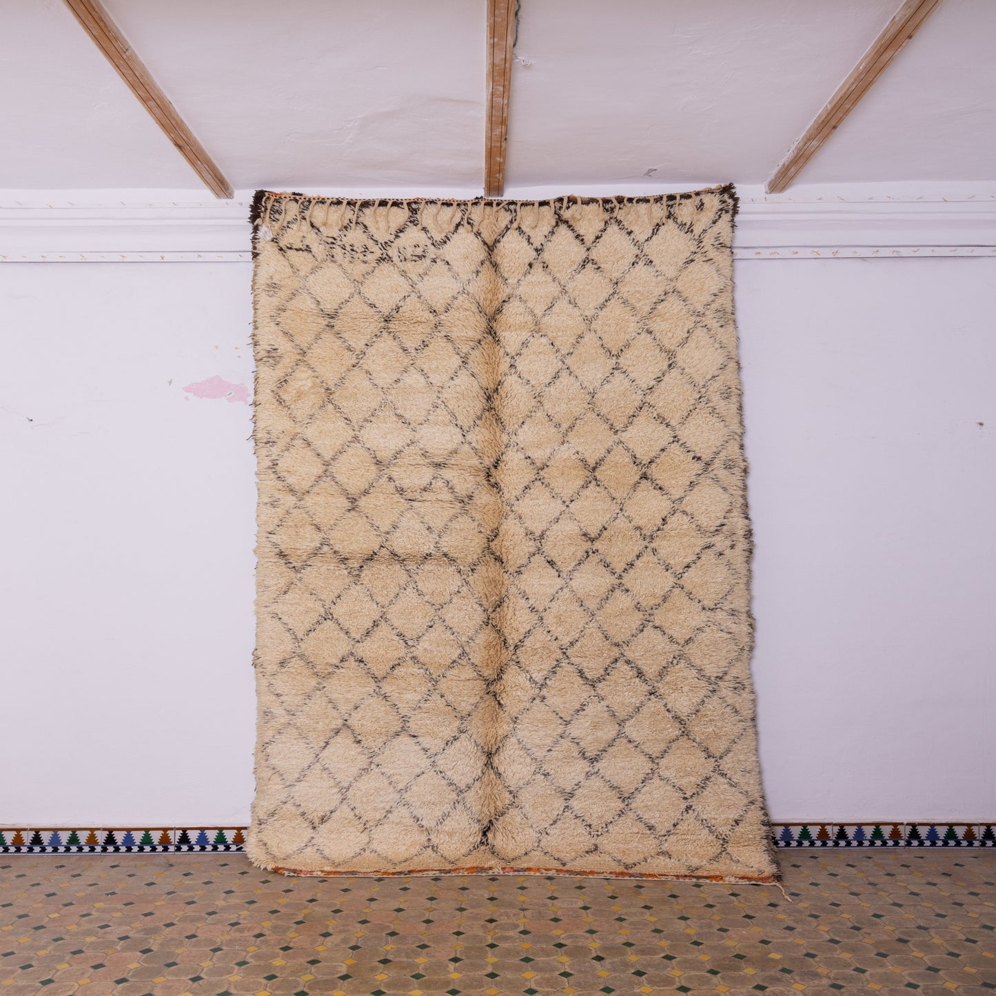 Authentic Moroccan Beni Ourain Rug – Handwoven Wool Berber Carpet – Diamond Geometric Pattern – Timeless & Cozy Home Decor ; 11,48 ft / 6,23 ft