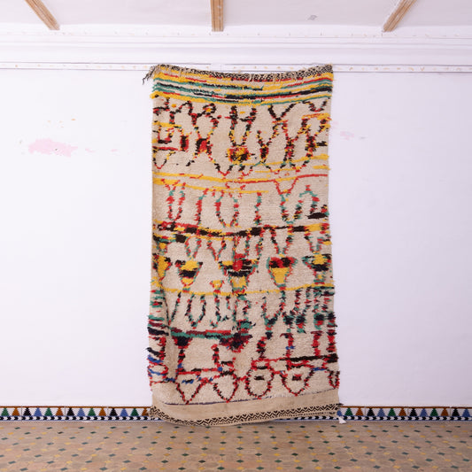 Vintage Azilal Rug - Handwoven Moroccan Wool Tapestry - Colorful Tribal Symbols - Authentic Berber Art