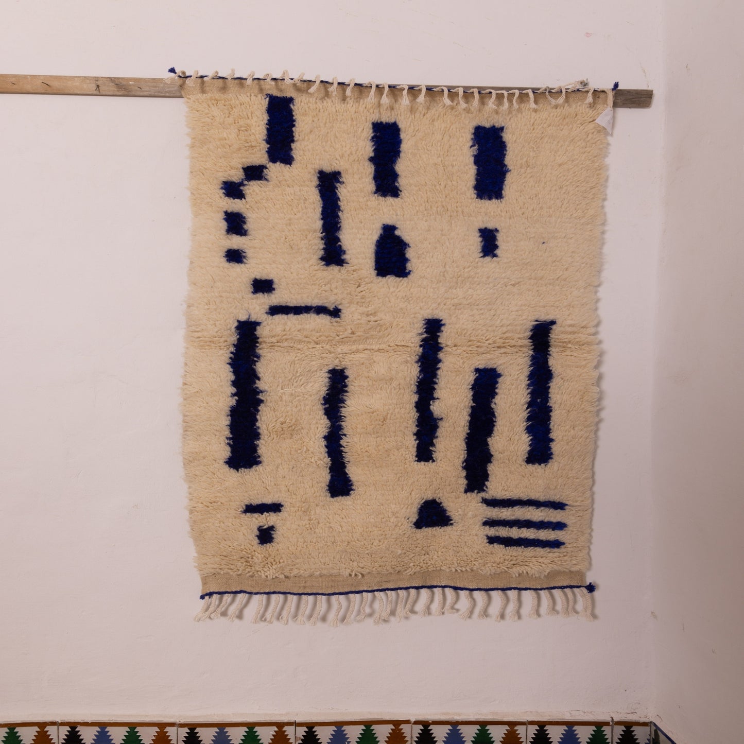 Minimalist Blue Azilal Rug - Handwoven Moroccan Wool & Cotton Carpet - Small Boho Wall Hanging or Accent Rug