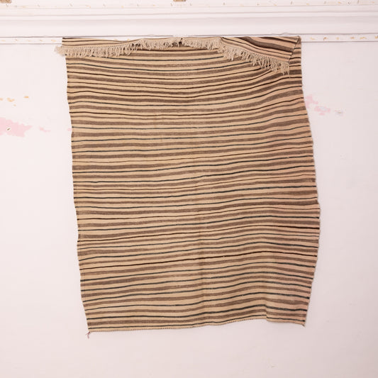 Vintage Moroccan Handira Kilim - Handwoven Striped Wool Rug - Berber Boho Decor