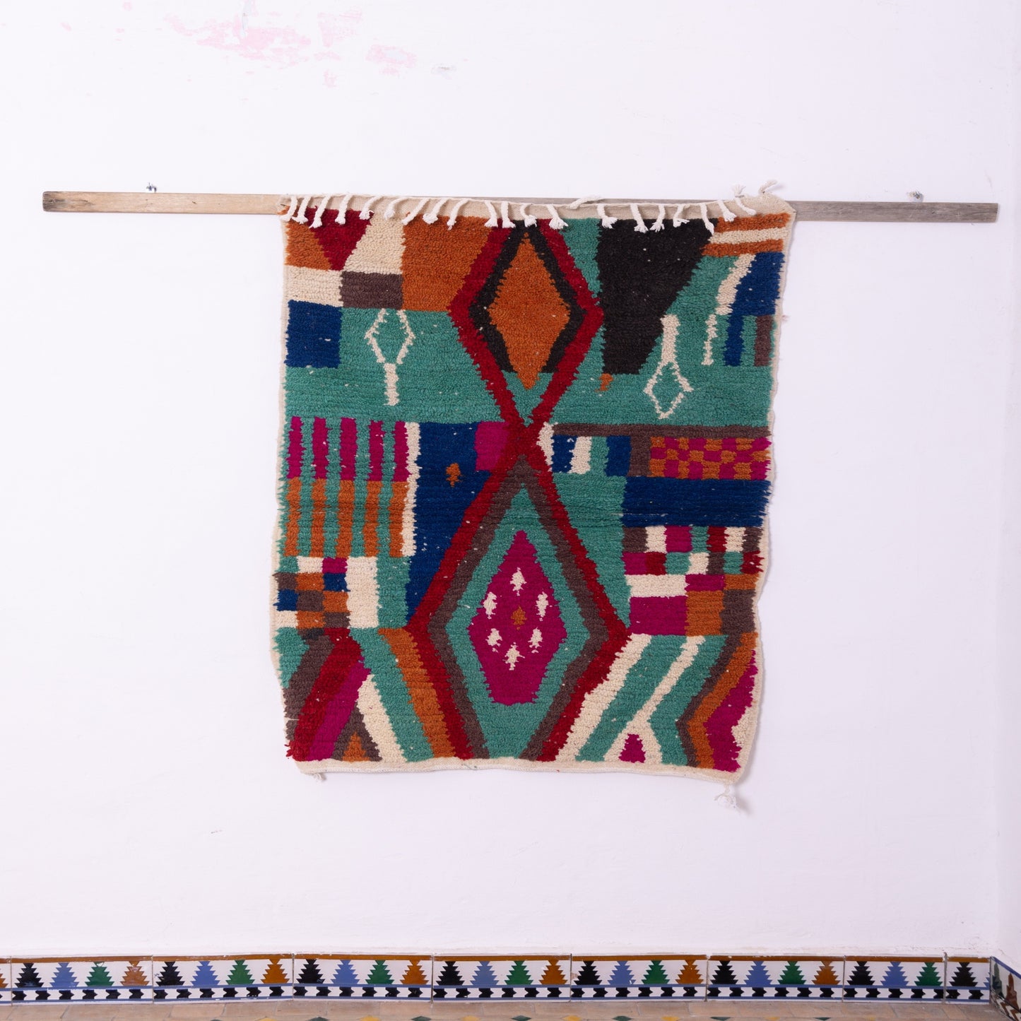 Colorful Diamond Boujad Rug – New Moroccan Wool Rug – Tribal Berber Wall Hanging – Emerald Green, Fuchsia & Orange Handmade Textile Art