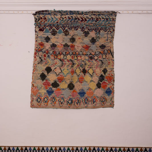 Vintage Moroccan Boucherouite Rug – Handwoven Berber Carpet with Geometric Diamond Patterns