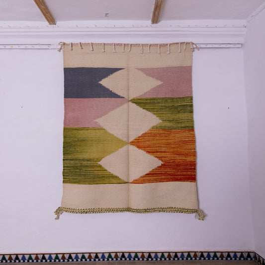 Handwoven Taznakht Moroccan Kilim Rug – 100% Wool Boho Geometric Carpet – Colorful Berber Handmade Rug – Modern Tribal Decor