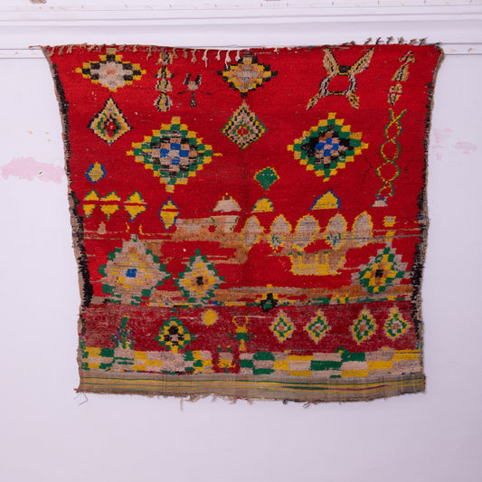 Vintage Moroccan Berber Rug – Handwoven Wool Tapestry with Bold Red & Tribal Motifs – Authentic Bohemian Decor