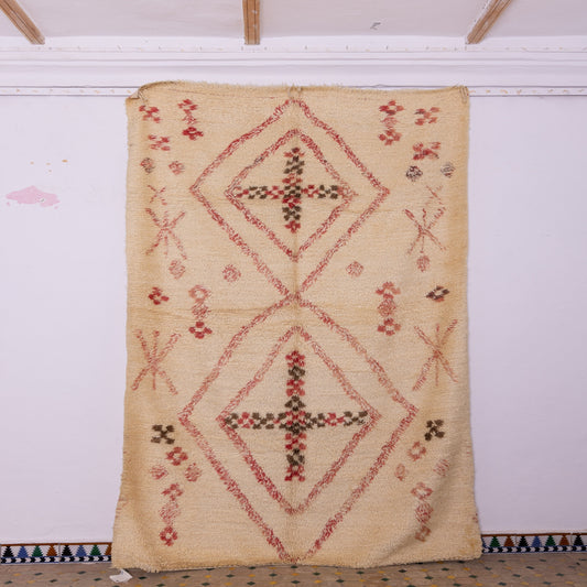 Handmade Moroccan Berber Rug – Authentic Wool Carpet – Vintage Tribal Geometric Design – Red & Beige Berber Rug – Bohemian Home Decor