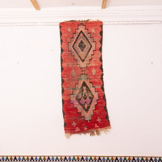 Vintage Moroccan Corridor Runner Rug - Tribal Diamond Wool Hallway Carpet - Red & Earth-Tone Boujad-Style Handwoven Rug - Berber Decor
