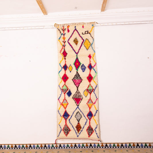 Colorful Moroccan Azilal Runner Rug - Handwoven Woo - Corridor Carpet with Tribal Diamond Motifs - Cream & Multicolor Boho Hallway Rug